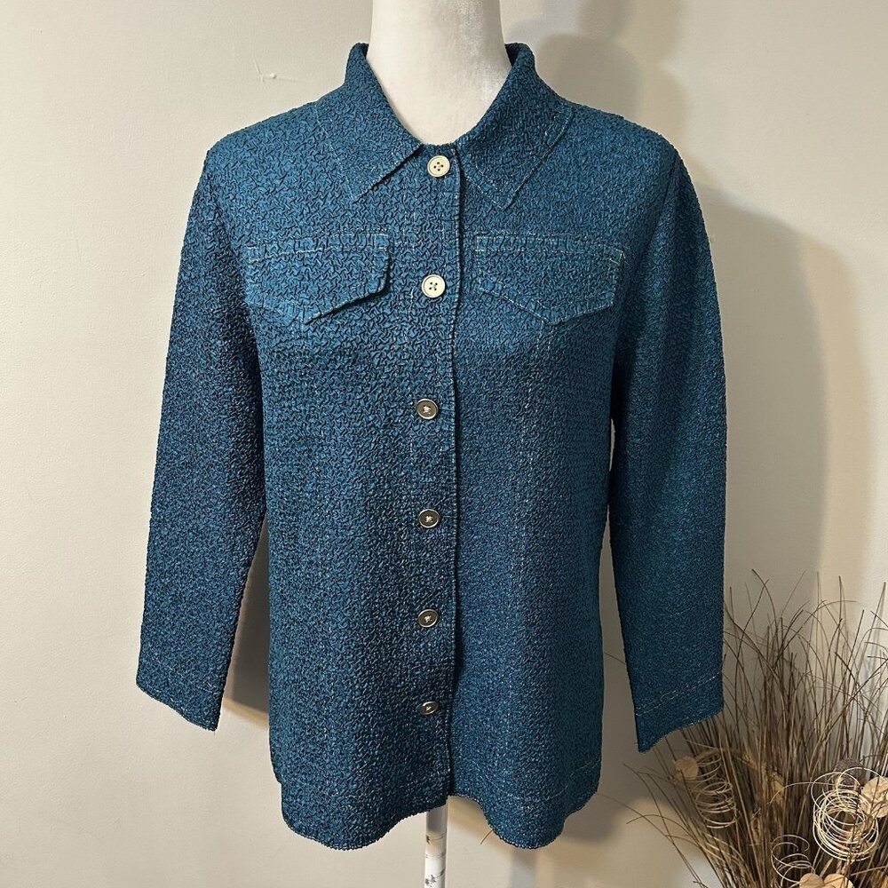 Chico’s Travelers Women Button Up Teal Green Stretch Crushed Blouse Top Sz 1/ M